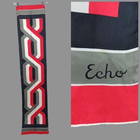 Vintage Scarf Black Red Echo Rectangle Geometric - Picture 1 of 9